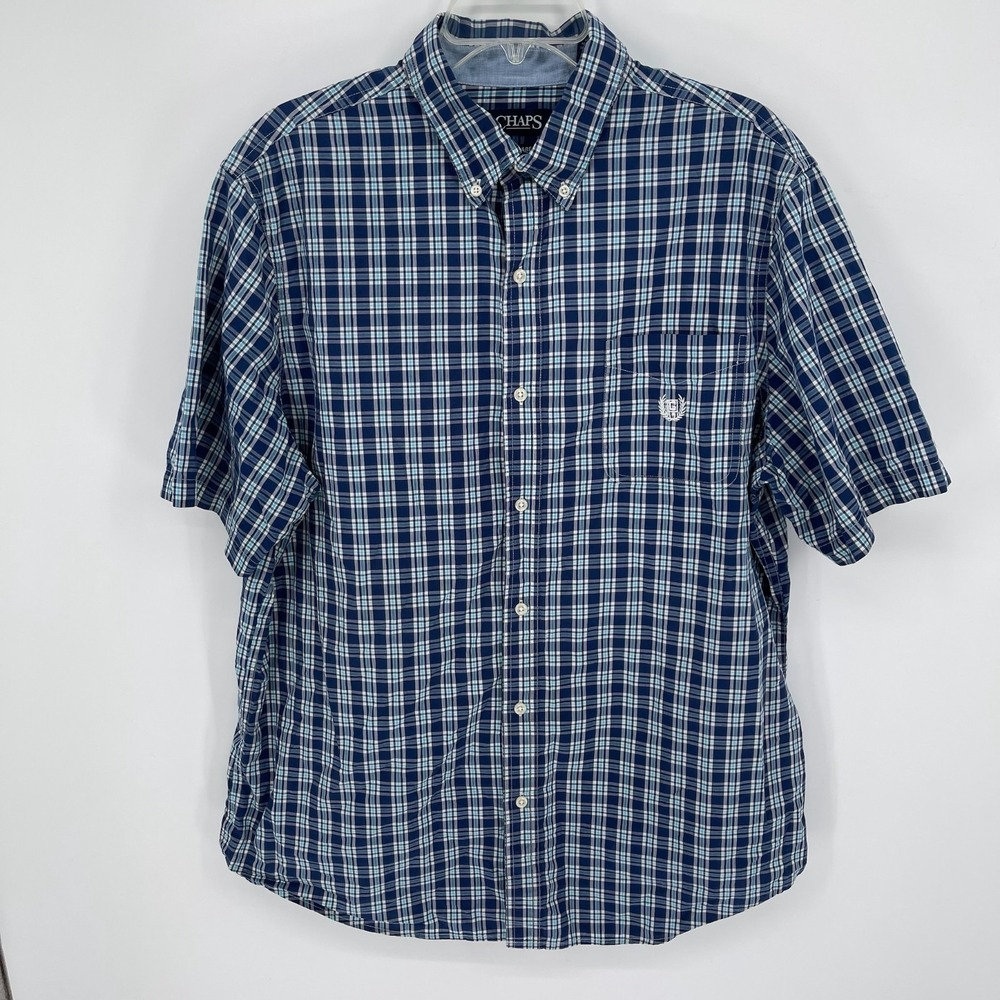 Chaps Men's Blue Plaid Easy Care Pocket Short Sleeve Button Up Shirt Size XL